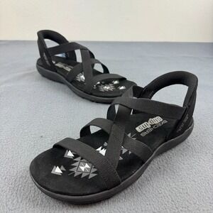 SKECHERS Slip-in Womens Reggae Slim stretch flex strappy sandal BLACK - 8 US